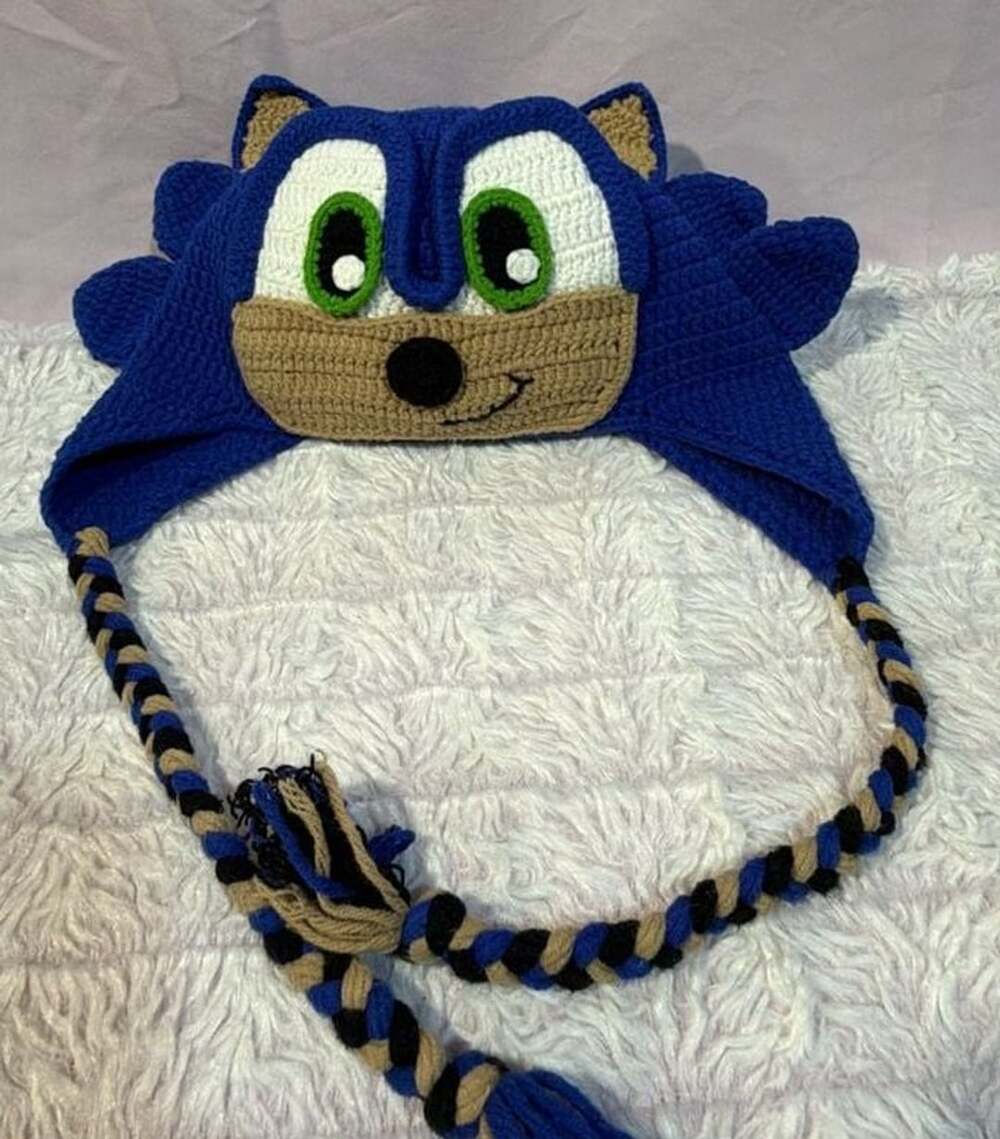 Sonic the Hedgehog Handmade Crochet Earflap Beanie Hat Blue. OS